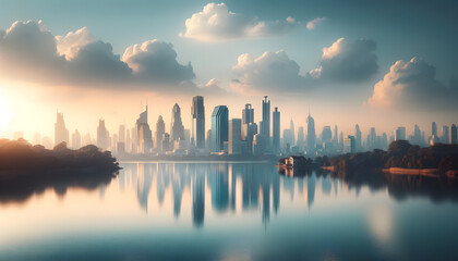 Fototapeta premium Modern Cityscape Mirrored in Tranquil Lake at Dawn