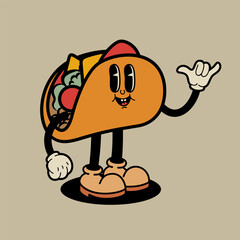 Cartoon character. Retro character of taco. Rubber hose taco cartoon mascot. Design element for emblem, sign, poster, menu, card. Vector illustration