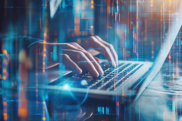 Hands Typing on Laptop Keyboard with Futuristic Digital Overlay Technology Innovation and Online Connectivity.