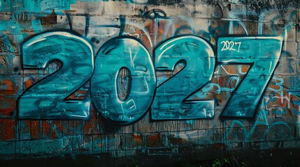 "2027" on an empty solid background with bright cyan color, in a graffiti street art style. 32k, full ultra hd, high resolution