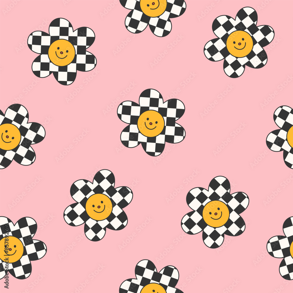 Poster seamless vector pattern with checkered happy flower. cute daisy with smiling face in y2k style on pi