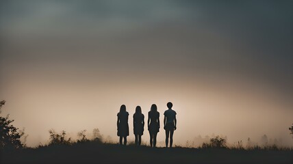 silhouette of a group of teenagers looking at the sunset, cinematic photo of a group band