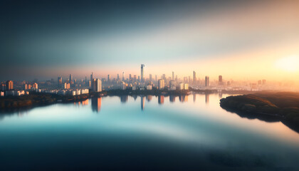 Fototapeta premium Expansive Urban Landscape with Lake Reflection at Sunset