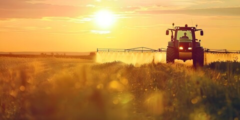 Fototapeta premium A tractor spraying pesticides in a green field at sunset. Concept Agriculture, Farming, Sunset, Pesticides, Field