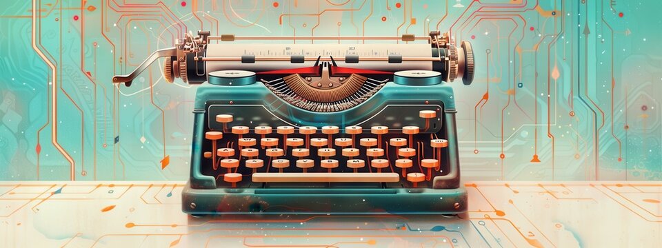 A detailed, hand-drawn style illustration of a vintage typewriter with digital code emerging from the paper, blending the old and new forms of communication