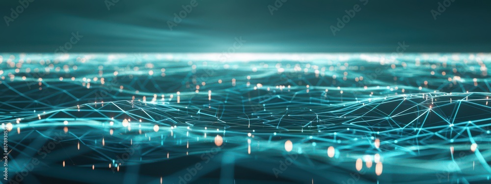 Poster a digital landscape with a network of interconnected nodes and pathways, glowing in light blue and w