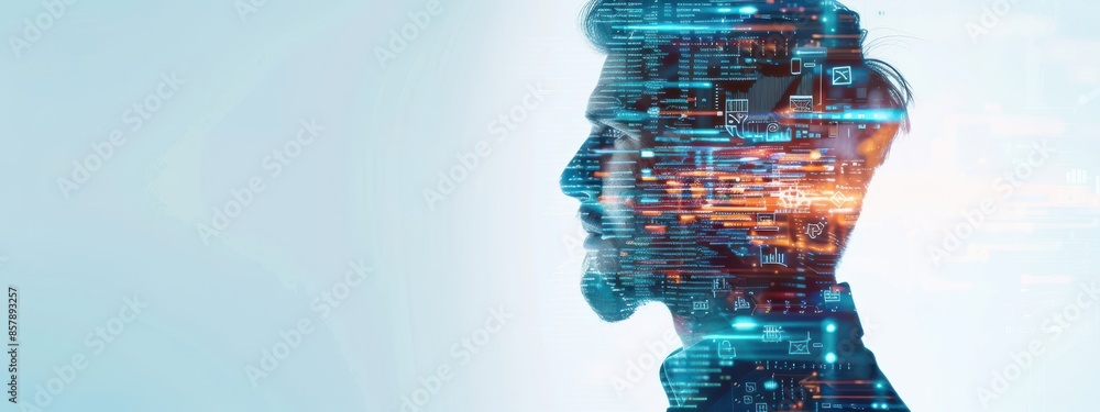 Poster a double exposure illustration of a business leader looking towards the future, with a mix of cloud 