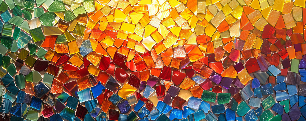 Poster a mosaic pattern made up of tiny pieces of colored glass, reflecting the light in a dazzling display