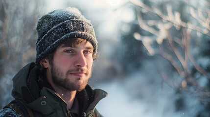 Obraz premium Young man enjoying a serene snowy day outdoors, dressed warmly in a beanie and winter jacket, perfect for winter adventures and outdoor activities.