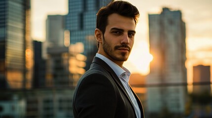 Fototapeta premium Confident businessman standing against a cityscape at sunset, exuding professionalism and success, ideal for corporate branding and commercial advertising.