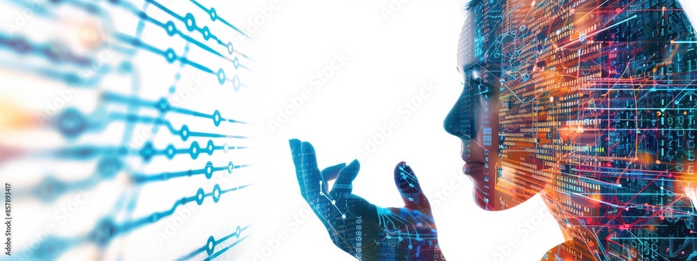 Poster a double exposure image of a businessperson giving a presentation with an overlay of cloud data cent