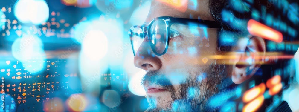 Poster a double exposure image of an investor with mixed expressions and an overlay of both bull and bear m