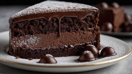 A slice of chocolate cake with powdered sugar on a white plate