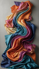 Crumpled multicolored silk cloth against a gray wall