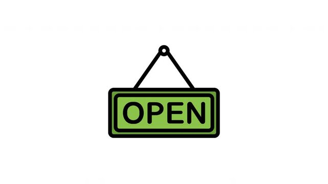 Animated open signboard filled line icon on transparent background, ecommerce animation, 4k video motion graphic with alpha channel, use for web design, mobile apps, ui design