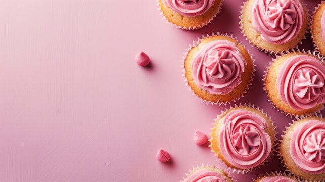 cupcakes with pink buttercream frosting on pink background