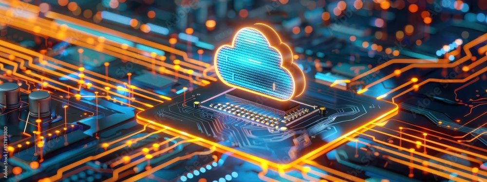 Aufkleber a dynamic 3d render of a cloud icon glowing intensely on a mainboard, surrounded by a complex circui