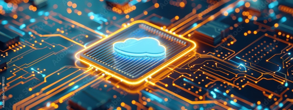 Aufkleber a dynamic 3d render of a cloud icon glowing intensely on a mainboard, surrounded by a complex circui