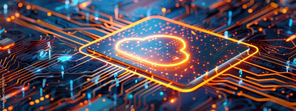 Poster a dynamic 3d render of a cloud icon glowing intensely on a mainboard, surrounded by a complex circui