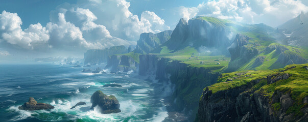 A picturesque coastal cliff path winding along rugged shores, with crashing waves below and dramatic views.