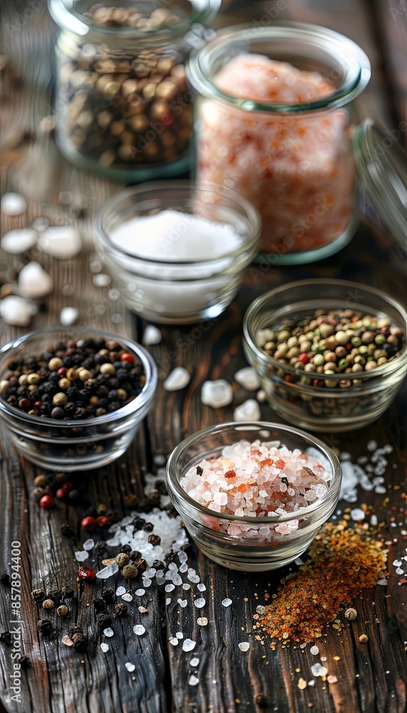 Poster A rustic wooden table is adorned with glass jars and small bowls containing different types of salts and peppercorns. Generative AI