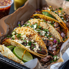 a close-up of tex-mex street food featuring tacos al carbon with grilled meat, fresh onions, cilantro, and lime