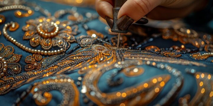 close up seamstress hands sewing on beadwork pattern, elegance handcraft artisanal work