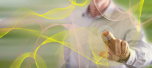 Man touching an abstract wave network concept