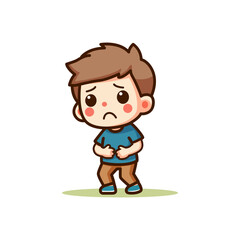 cute kid boy have stomach pain cartoon character vector illustration template design