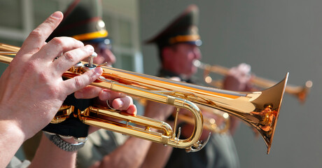 Fototapeta premium A Brass Bands Golden Melody: A Close-Up of a Trumpeter Playing in the Midst of a Sunny Day Parade