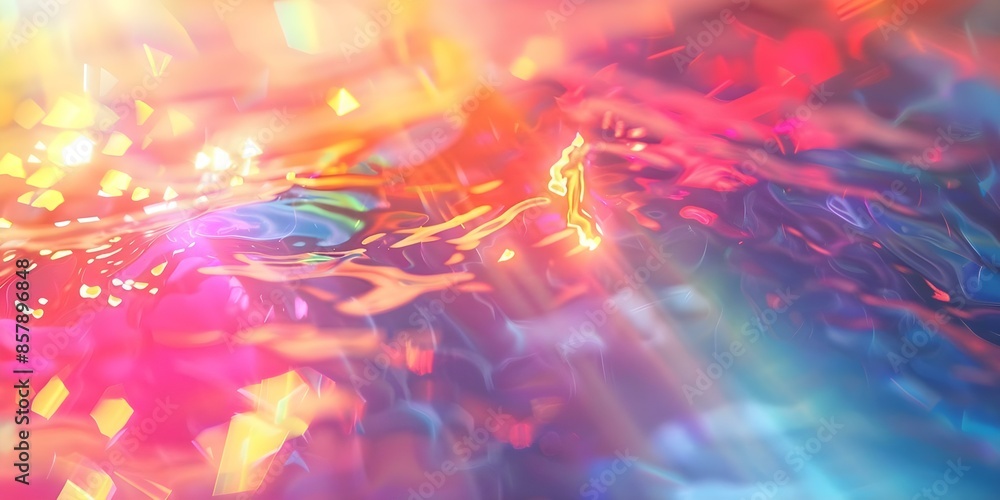 Poster creating an abstract holographic rainbow flare reflection background with light refraction and lens 