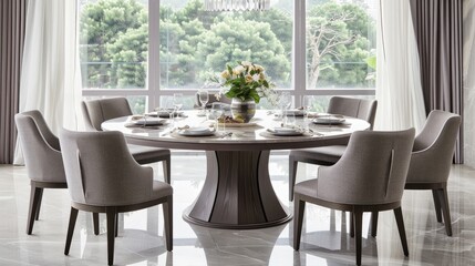 Fototapeta premium A contemporary dining room with a large round table, grey upholstered chairs, and a crystal chandelier. The room has a view of a swimming pool through large windows