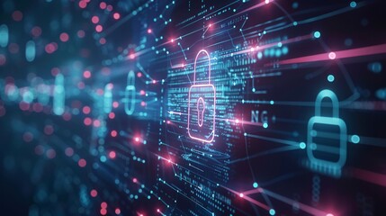 Highlights cyber security, information privacy, and data protection concepts displayed on a virtual screen, focusing on internet and technology themes.