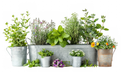 Garden Tools and Plants in Galvanized Containers