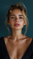 Intense Beauty: Half Body Portrait of a Serious Woman on Deep Blue Background with Natural Light