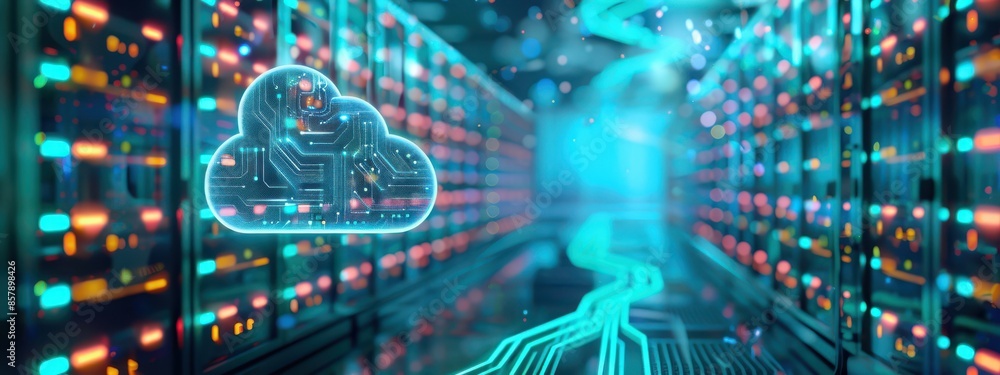 Aufkleber a futuristic 3d render showcasing a large data center filled with rows of servers