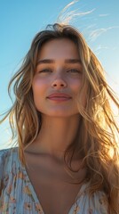 Serene Smiling Woman in Half Body Portrait on Sky Blue Background with Natural Light