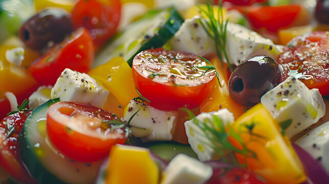 A colorful fast food Greek salad with fresh tomatoes, cucumbers, olives, and feta cheese