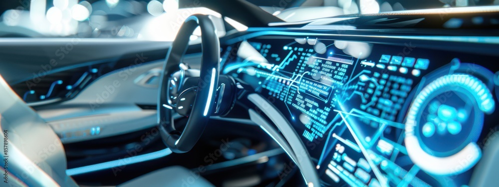 Poster a futuristic car dashboard with a digital display showing blue glowing lines and codes, symbolizing 