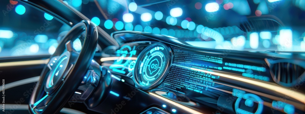Poster a futuristic car dashboard with a digital display showing blue glowing lines and codes, symbolizing 