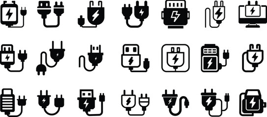 set of various charges icons flat collection isolated on transparent background. charging vector format for various devices smartphone laptop tablet and smartwatch AC sockets with power plugs