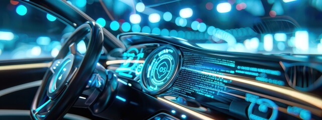 A futuristic car dashboard with a digital display showing blue glowing lines and codes, symbolizing high-speed data processing. The interior of the car is clean and modern, with gray and white tones.