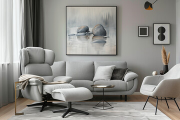photo of grey sofa and recliner chair with plants in a scandinavian clean and minimalist living room apartment and design interior furniture