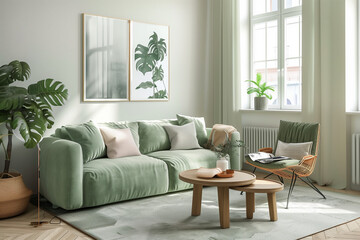 Fototapeta premium photo of green sofa and recliner chair with plants in a scandinavian clean and minimalist living room apartment and design interior furniture