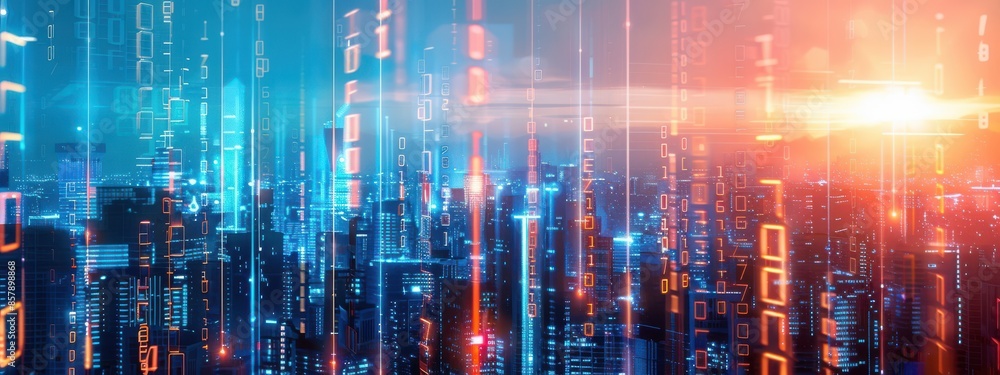 Poster a futuristic cityscape with glowing numbers and mathematical symbols integrated into the architectur