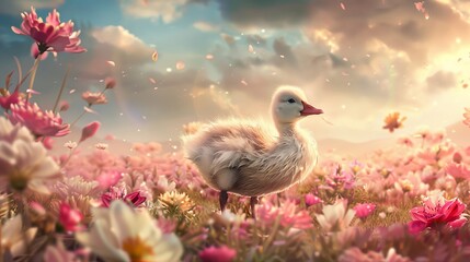 Fluffy duckling standing in a field of pink flowers under a dramatic sky with sunlight