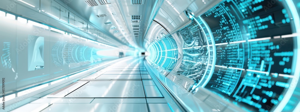 Poster a futuristic data center with transparent screens and holograms displaying blue glowing lines and co