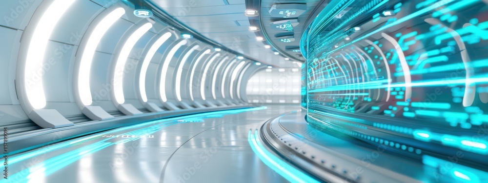Poster a futuristic data center with transparent screens and holograms displaying blue glowing lines and co