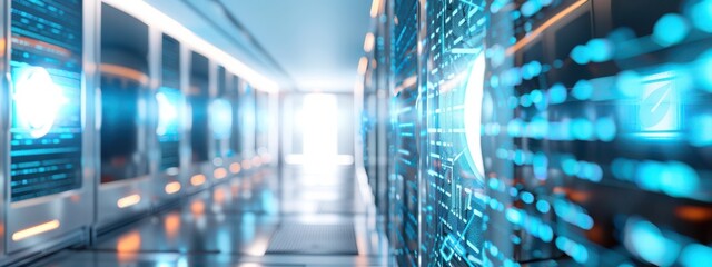 A futuristic data center with transparent screens and holograms displaying blue glowing lines and codes. The background features gray and white tones, giving a clean and advanced appearance.