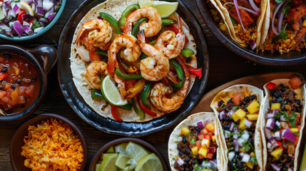 vibrant tex-mex seafood platters with shrimp fajitas, colorful vegetables, and side dishes